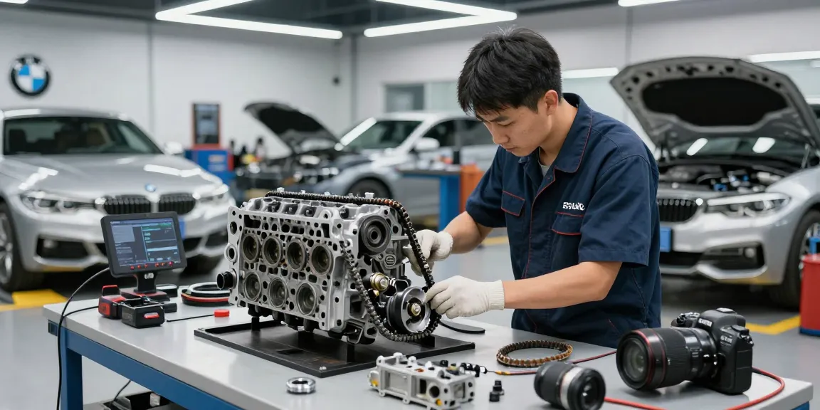 BMW Spezialisten führen professionelle Motordiagnosen in einer gut ausgestatteten Werkstatt durch.