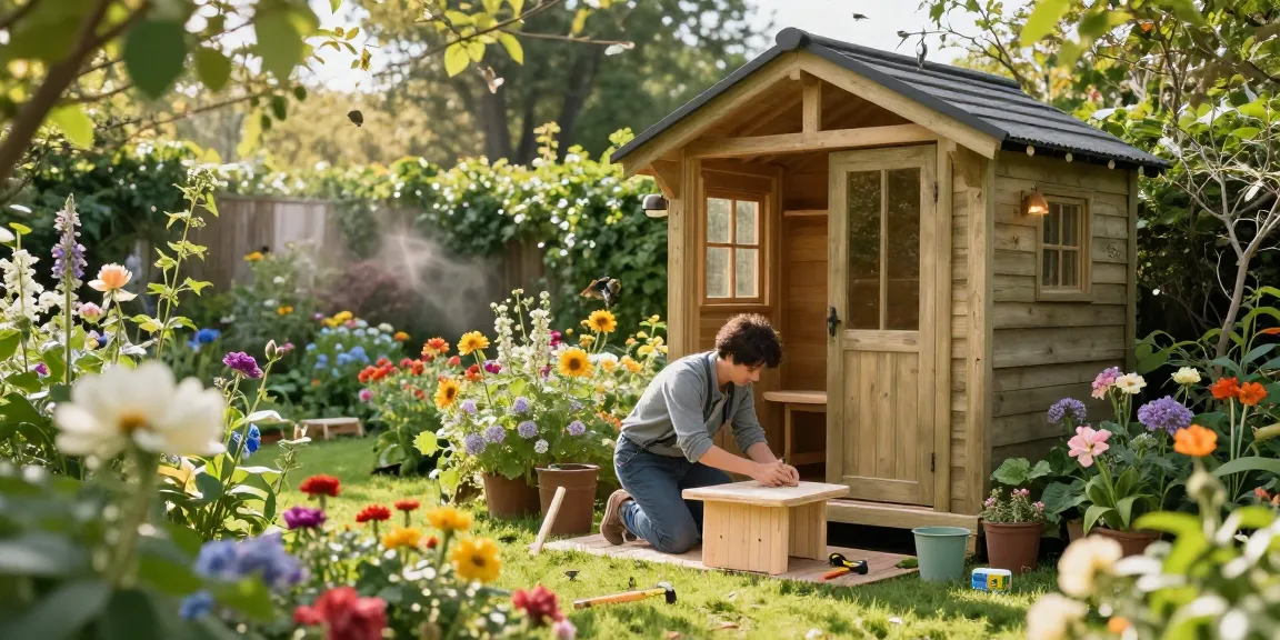 Gartenhäuser: Neues Holz-Gartenhaus in blühendem Garten mit Möbelaufbau.