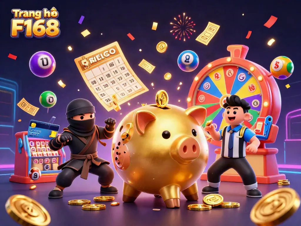 Experience the excitement of Trang chủ F168 with a dynamic casino-themed illustration featuring engaging characters and rich visuals.