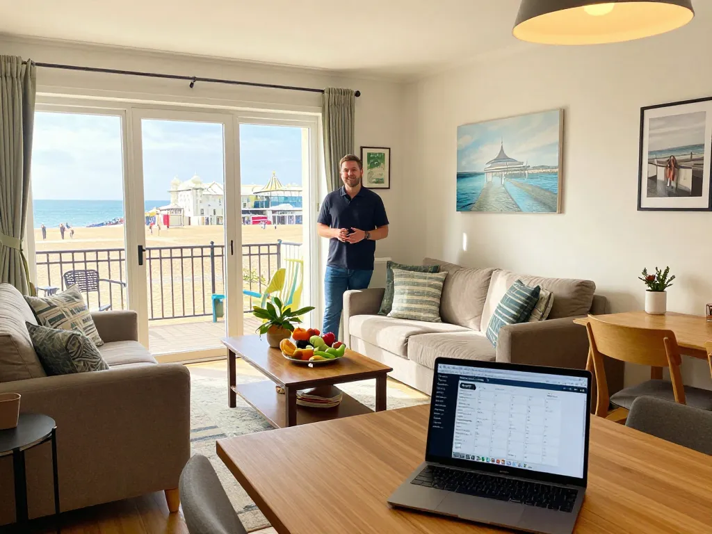 Airbnb management Brighton scene with stylish rental living room showcasing local decor, inviting atmosphere, and beachfront views.
