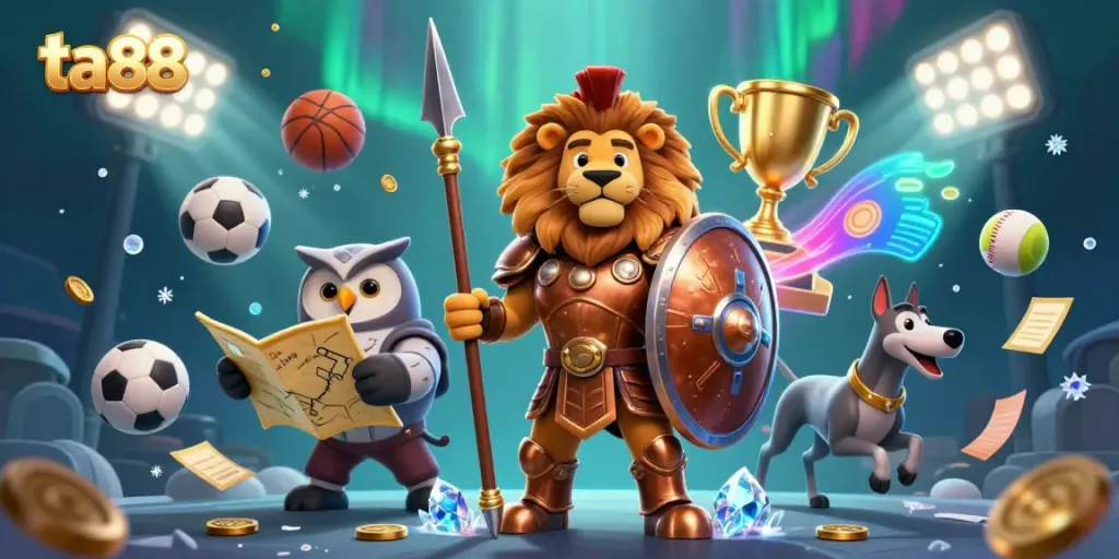 Experience thrilling gaming at ta88 with a Spartan lion, tactical owl, and swift greyhound amidst dynamic sports elements.