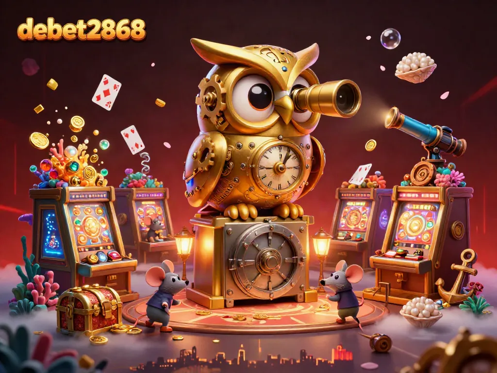 Engage with debet2868 through a vibrant casino scene featuring charismatic characters amidst treasures and casino elements.