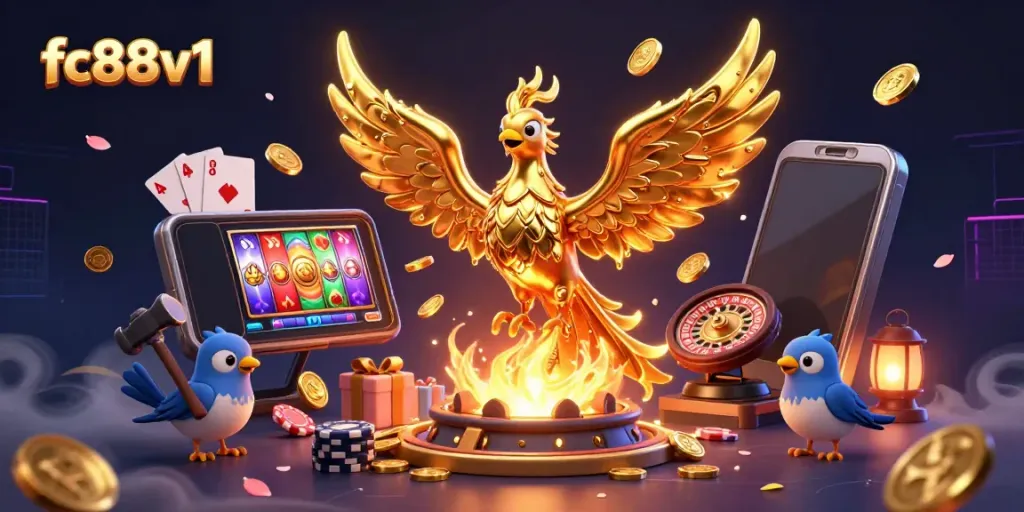 Experience exciting gaming with the ultra-detailed scene from FC88v1 featuring a golden phoenix and casino elements.