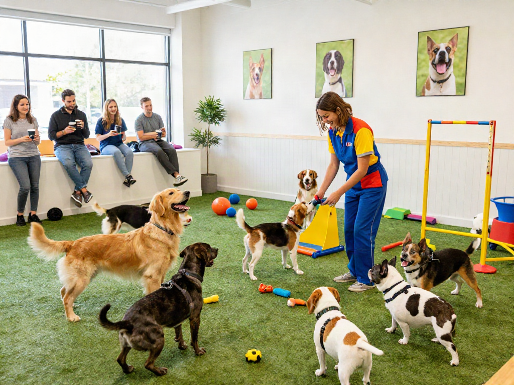 Excited dogs playing in a vibrant dog daycare scene showcasing deposit 10k services.