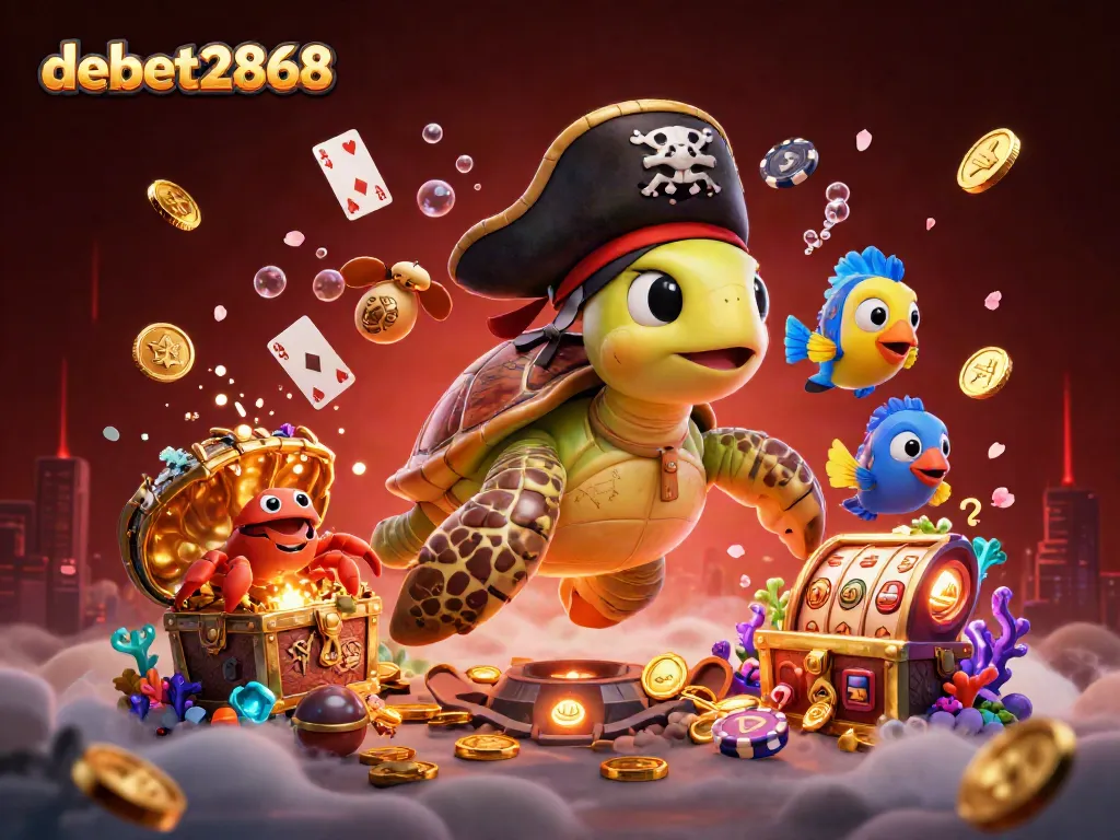 Experience the adventure of debet2868, with a pirate turtle and vibrant casino elements in an enchanting underwater scene.