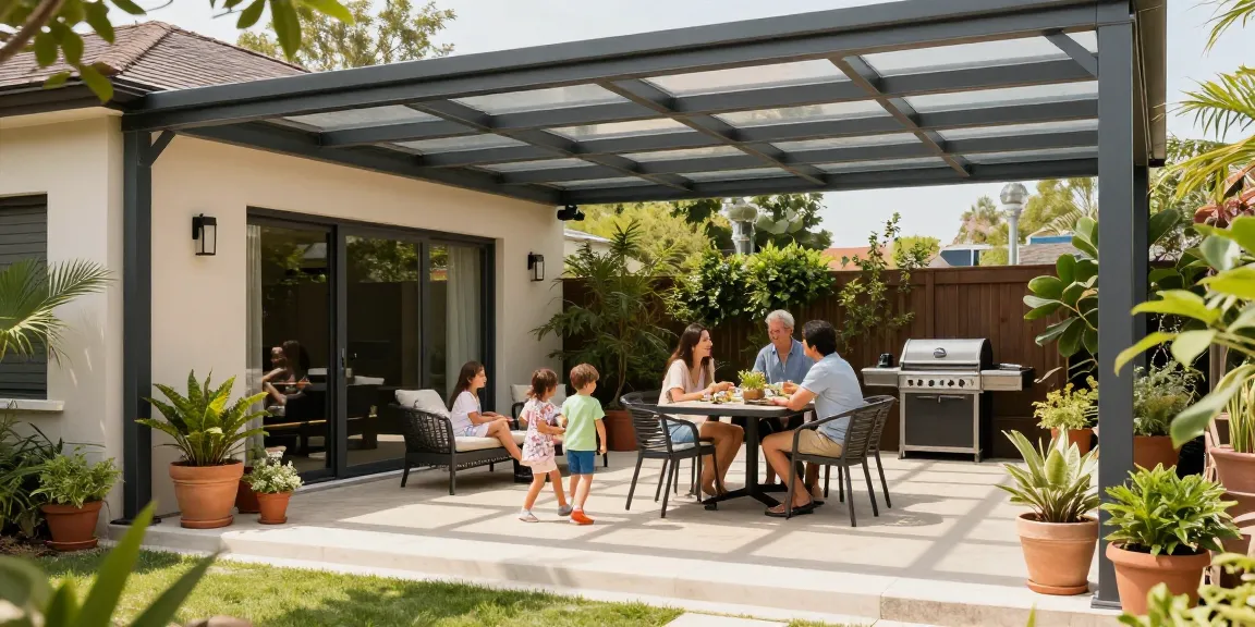 Moderne Terrassenüberdachung, Familienzeit im Freien, stilvoller Gartenbereich