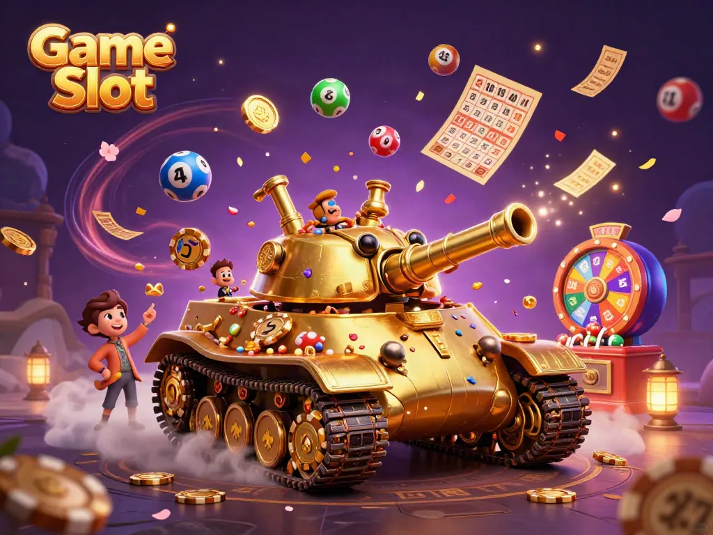 Experience the thrill of Game Slot with a massive golden beetle tank revealing a tiny casino, surrounded by colorful elements.