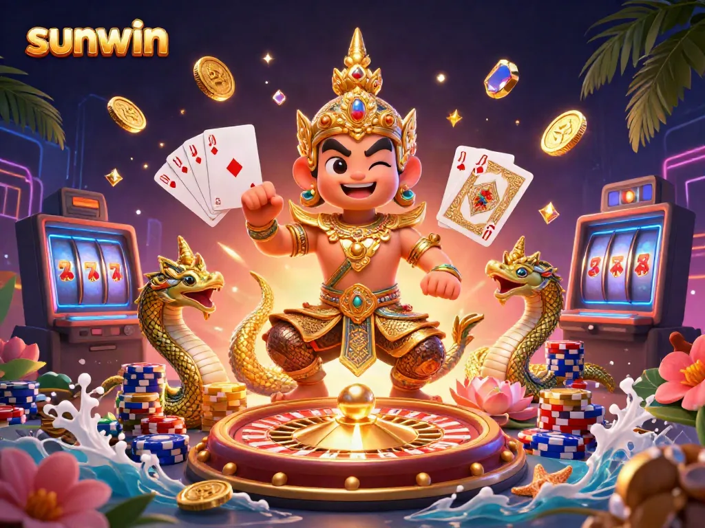 Experience sunwin with a vibrant 3D casino scene featuring rich game elements like golden coins, slot machines, and cards.