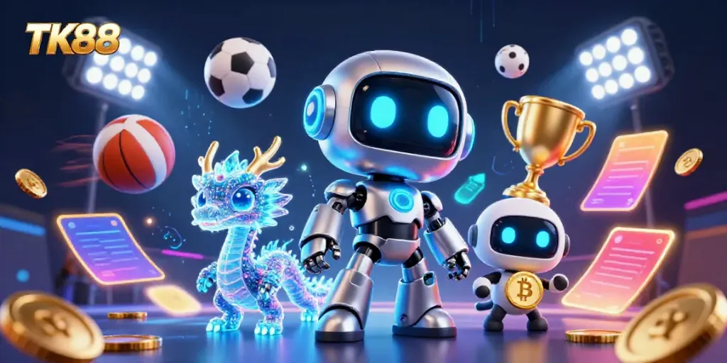 Engage in thrilling gameplay at TK88 with our dynamic 3D casino illustration featuring a cyberpunk robot and sports elements.