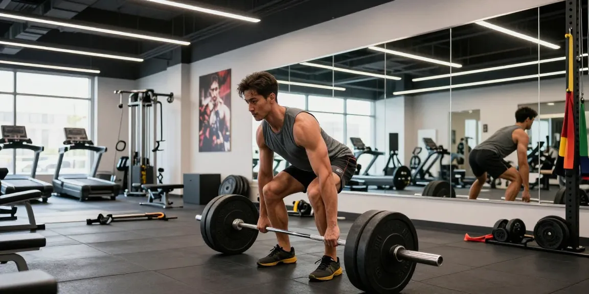 Prime Pharma Shop: Athletischer Mann beim Krafttraining in modernem Fitnessstudio.