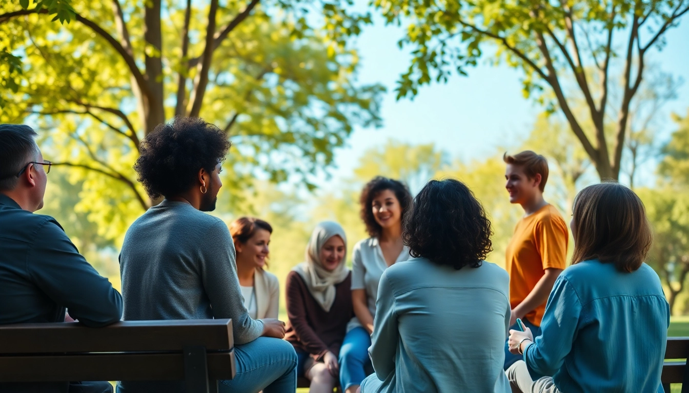Promoting mental health awareness through a supportive group conversation in a serene park setting.