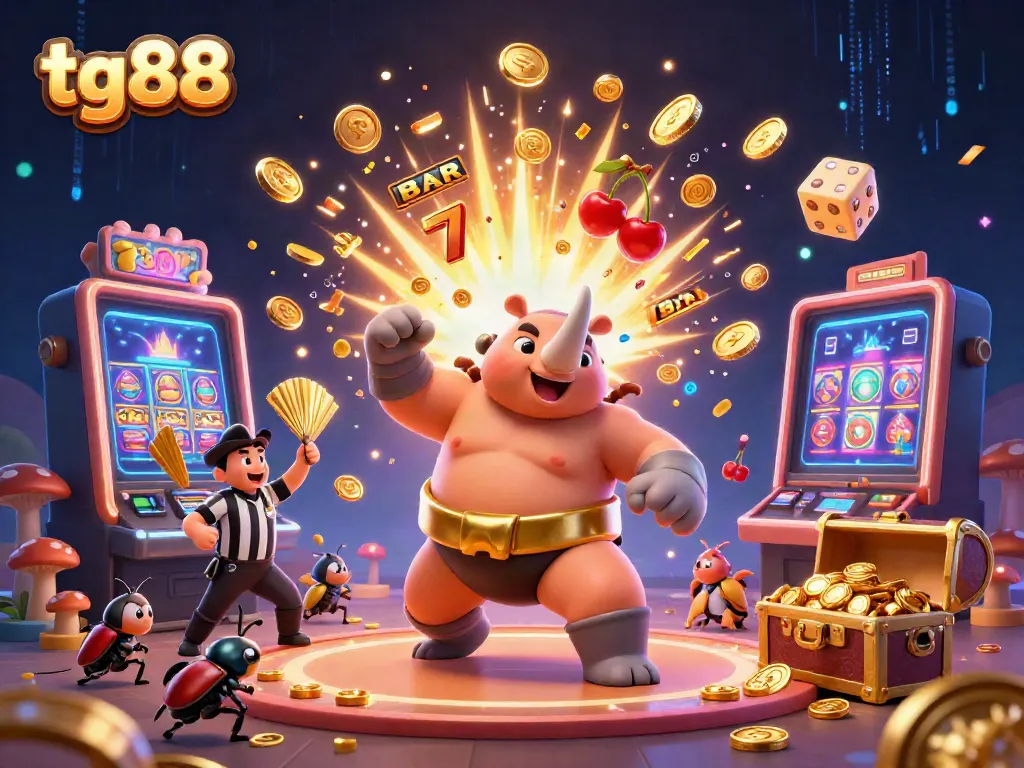 Experience explosive wins at tg88 with a lively scene of a beetle sumo champion and slot machine bursting with coins.