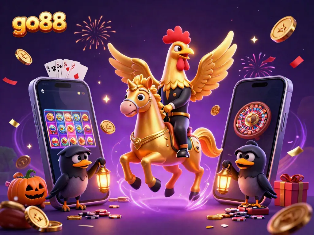 Experience the thrill of go88 with a golden rooster character amidst vibrant casino elements.