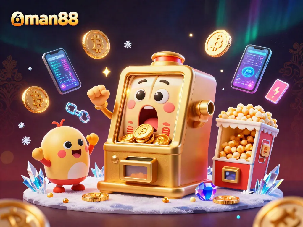Engage with man88's thrilling slot machines and crypto excitement in an ultra-detailed illustration.