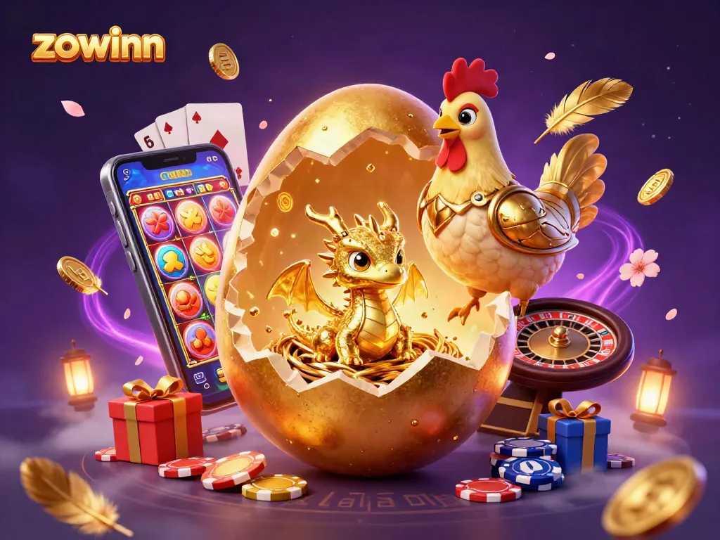 Zowinn showcases a baby golden dragon on poker chips amidst casino elements, celebrating online gaming.