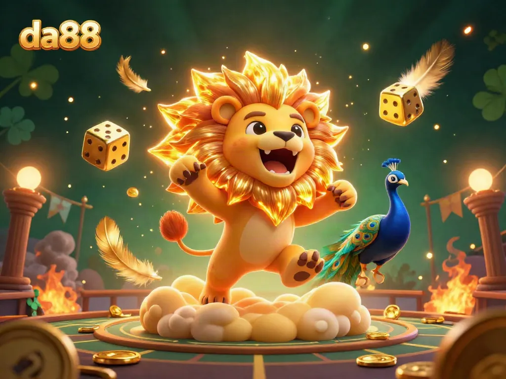 Bet on da88 with a dynamic 3D illustration of a roaring lion, golden dice, and vibrant casino atmosphere.
