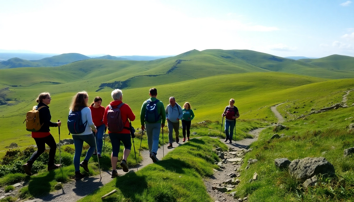Wandern Irland Urlaub: Begeisterte Wanderer genießen die grünen Hügel und malerischen Pfade in Irland.