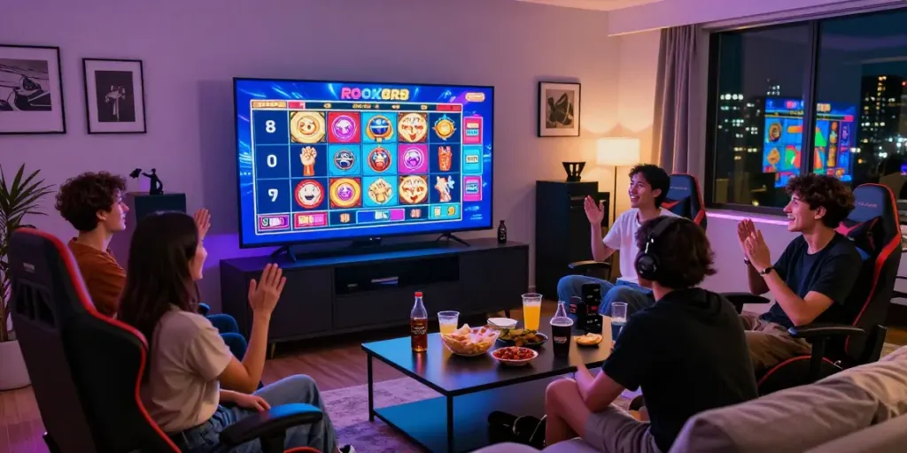 Friends enjoying rokok88 rtp gaming slots on a large screen in a cozy living room setup.