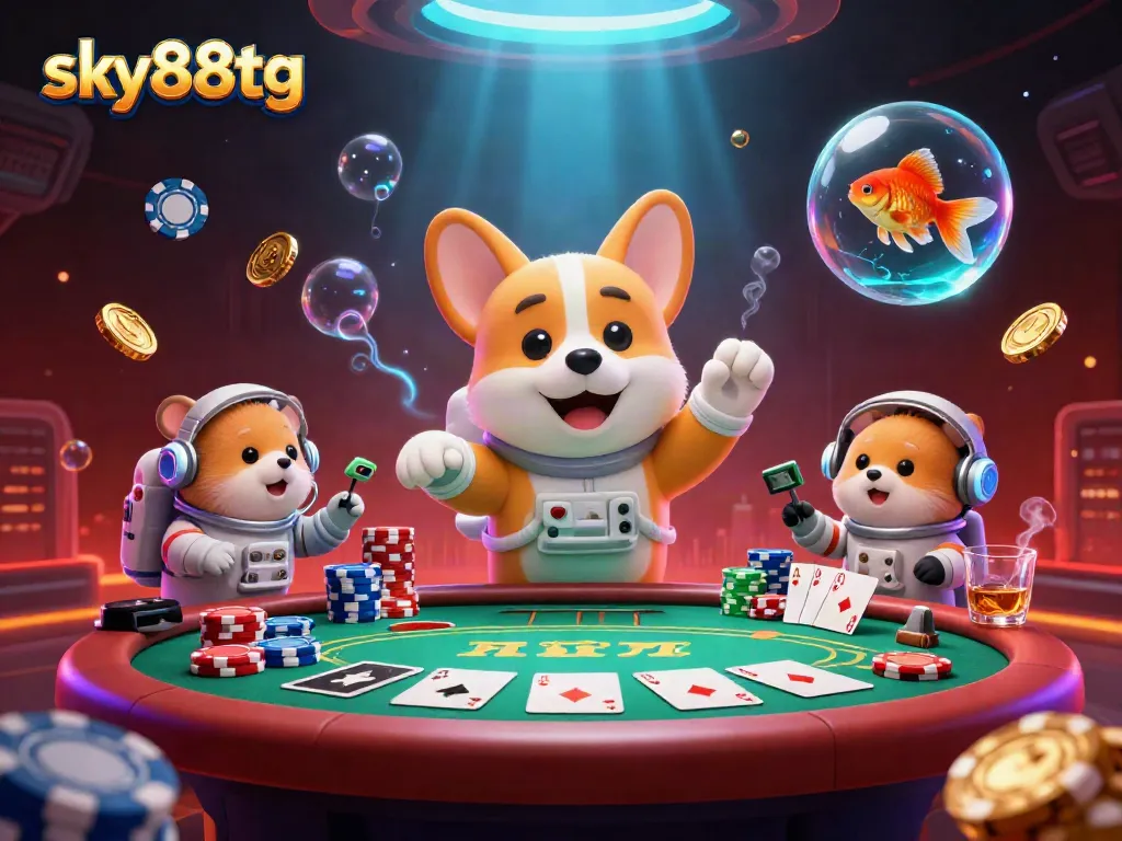 Experience the excitement of sky88tg in this vibrant 3D casino scene with floating characters and poker elements.