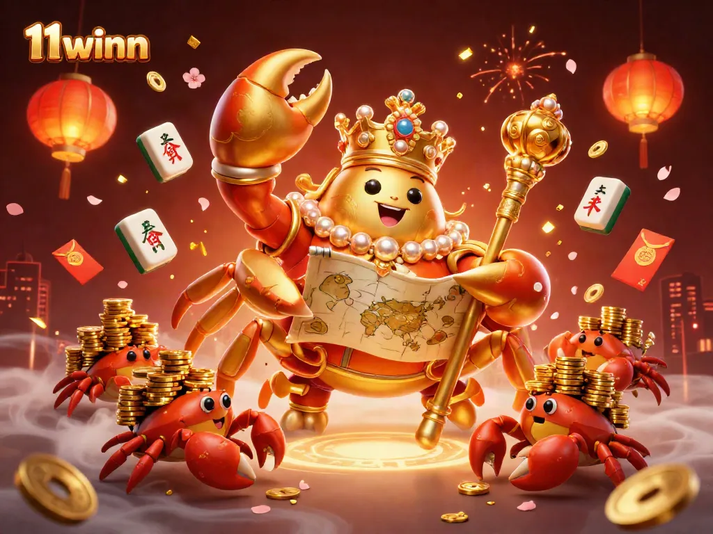 Engage with the exciting universe of 11winn, featuring a golden crab emperor and vibrant casino elements.