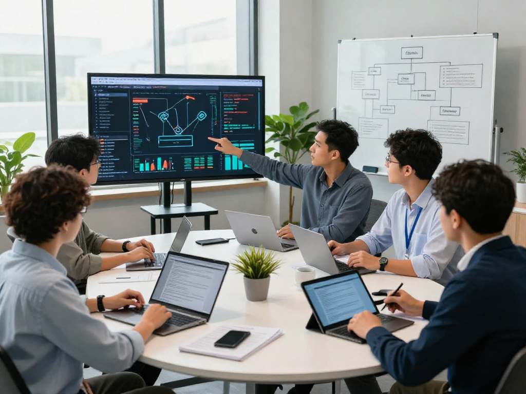 Analysts collaborating on document fraud detection methods in a modern office environment
