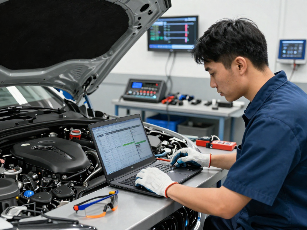 Qualifizierter Mechaniker in einer BMW werkstatt Hannover überprüft den Motor mit modernem Diagnosetool.