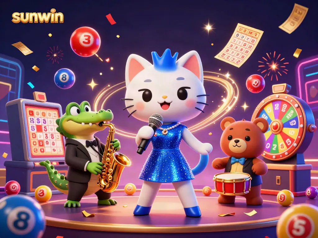 Experience thrilling gameplay with Sunwin's 3D animated casino characters celebrating with lottery elements.