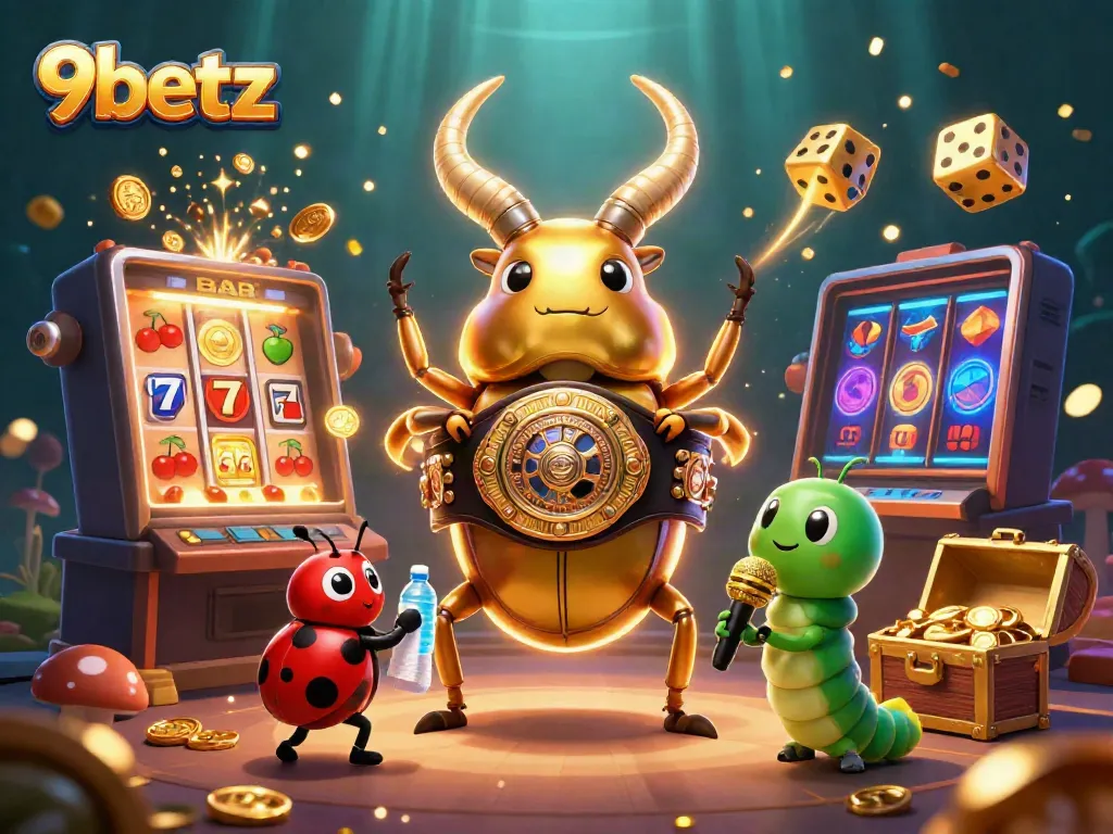 Experience thrilling wins at 9betz with a dynamic casino scene featuring a giant golden stag beetle.
