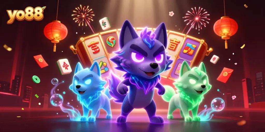 Play thrilling games on yo88, featuring diverse slot reels and energetic ghostly wolves in vibrant casino scene.
