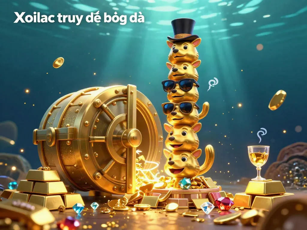 Xoilac trực tiếp bóng đá showcases a vibrant 3D cartoon totem pole surrounded by treasures representing online football streaming.