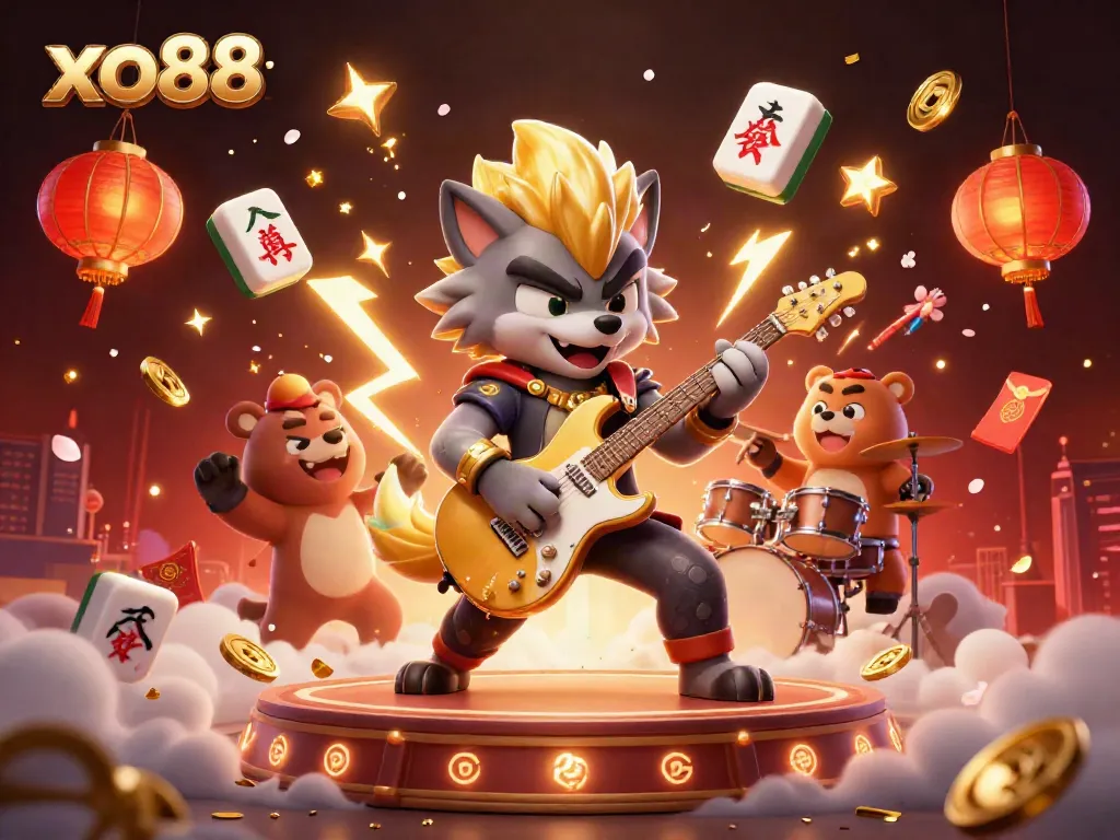 Experience the excitement of xo88 with a lively casino scene featuring a rock star wolf and a drummer bear.