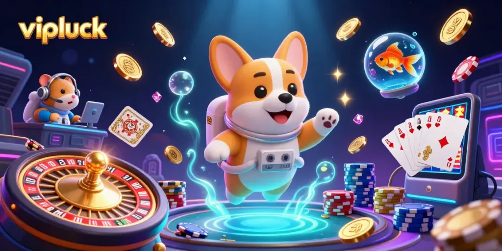 Experience thrilling gameplay at vipluck with cartoon characters in a vibrant casino setting.