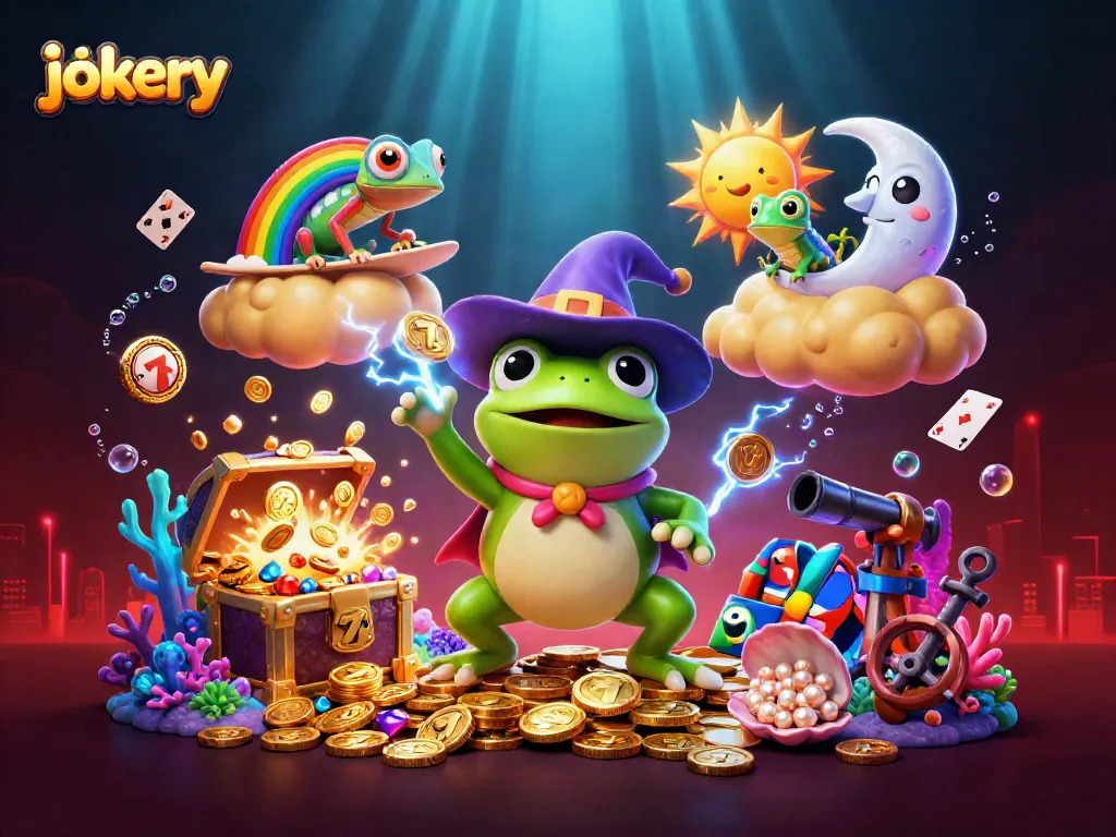 Experience jokery-themed excitement with golden coins and lively 3D characters in a casino setting.