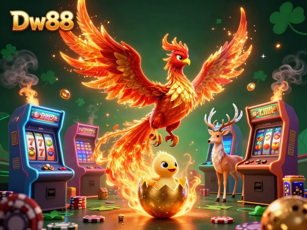 Experience thrilling gameplay at Dw88 with a vibrant scene featuring a soaring phoenix, dynamic arcade games, and casino elements.