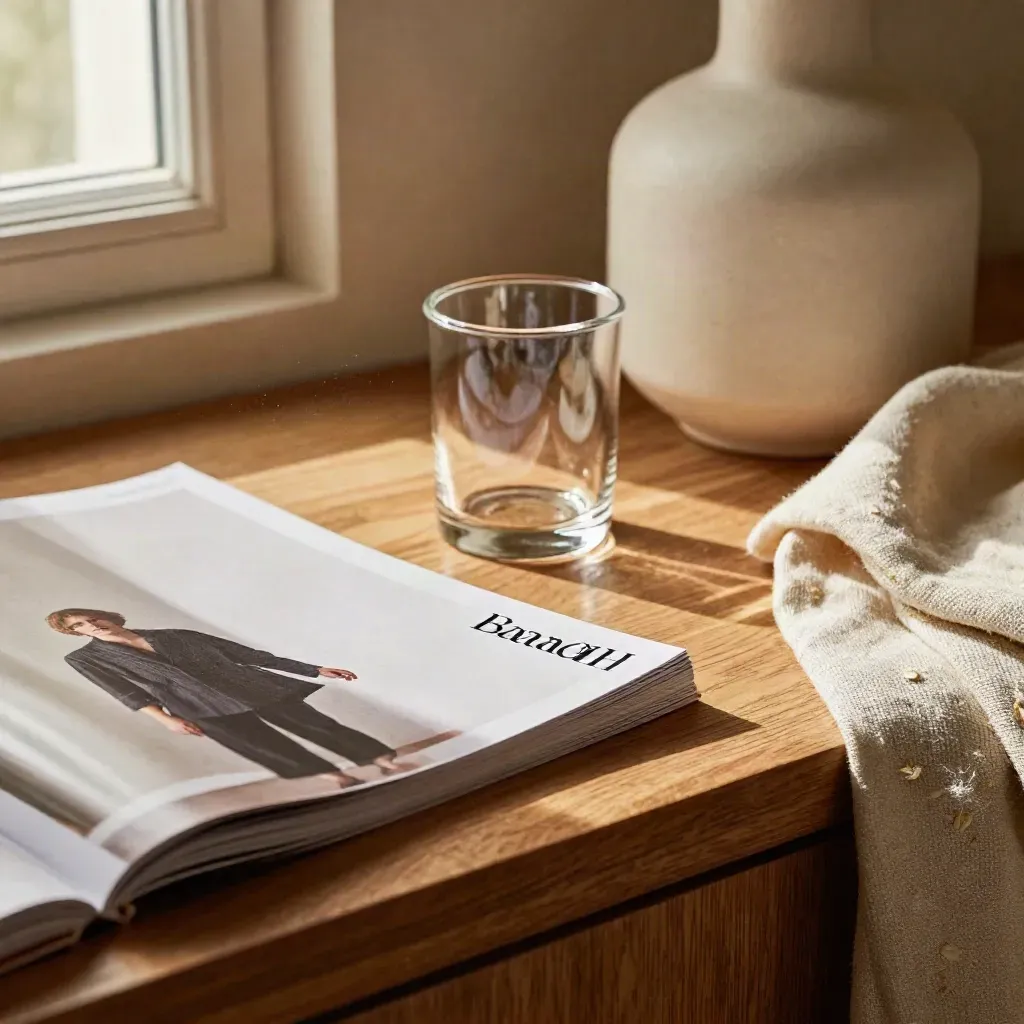 Makroaufnahme einer Markenfoto-Szene mit Glas, Keramik, Leinen und Print im warmen Fensterlicht.