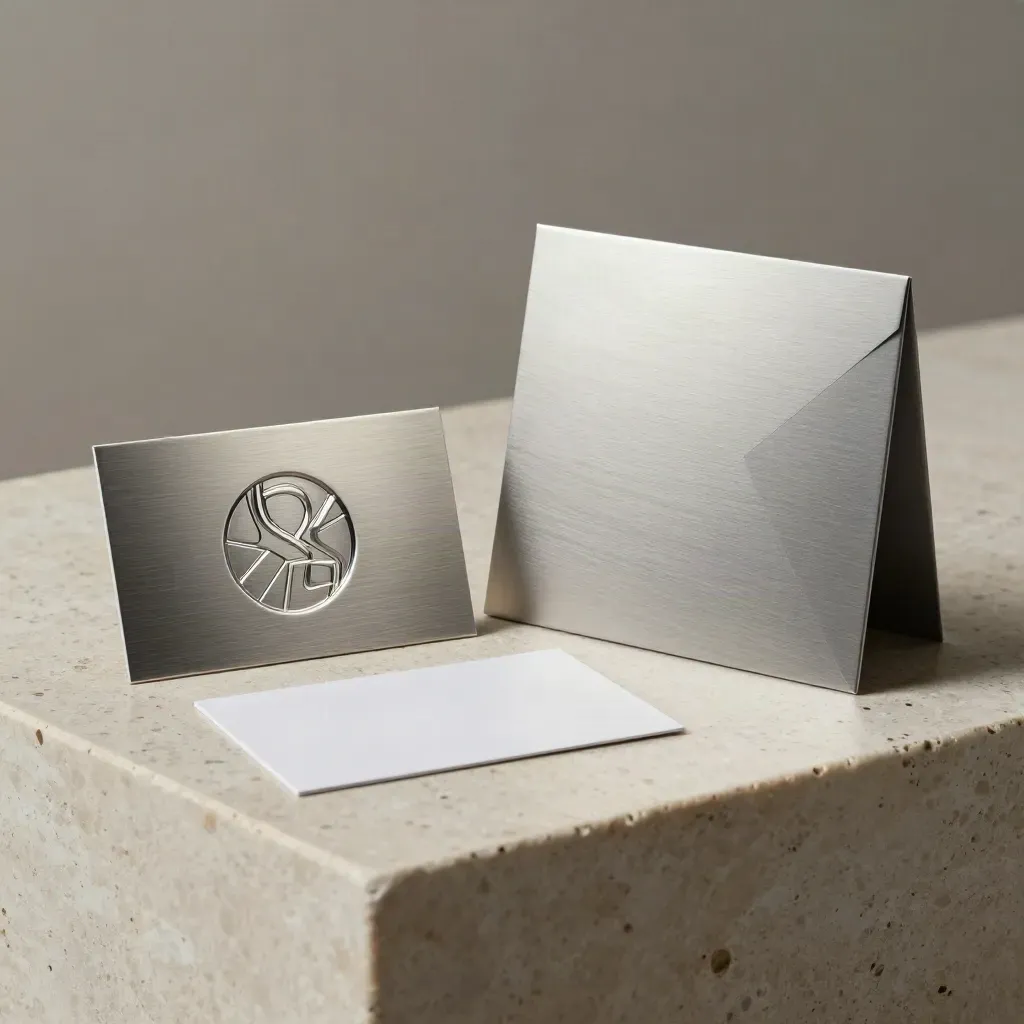 Monogramm-Plakette, Visitenkarten und Mappe auf hellem Stein, edel inszeniert.