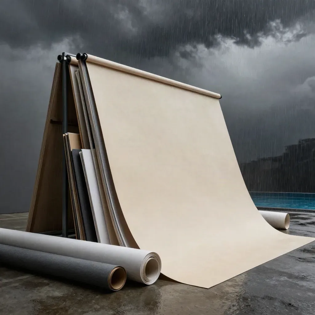 Dunkles Designstudio mit Panorama-Printboards, Papierrollen und Folios nach dem Sommergewitter.