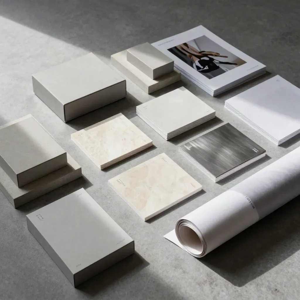 Geordnete Designprodukte auf hellen Steinblöcken im Studio-Flatlay.