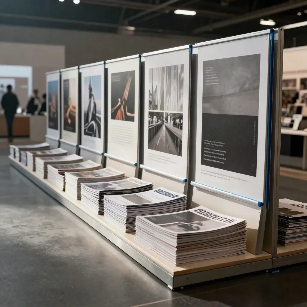 Leerer Messestand mit Broschüren, Posterflächen und Modulen im kühlen Hallenlicht.