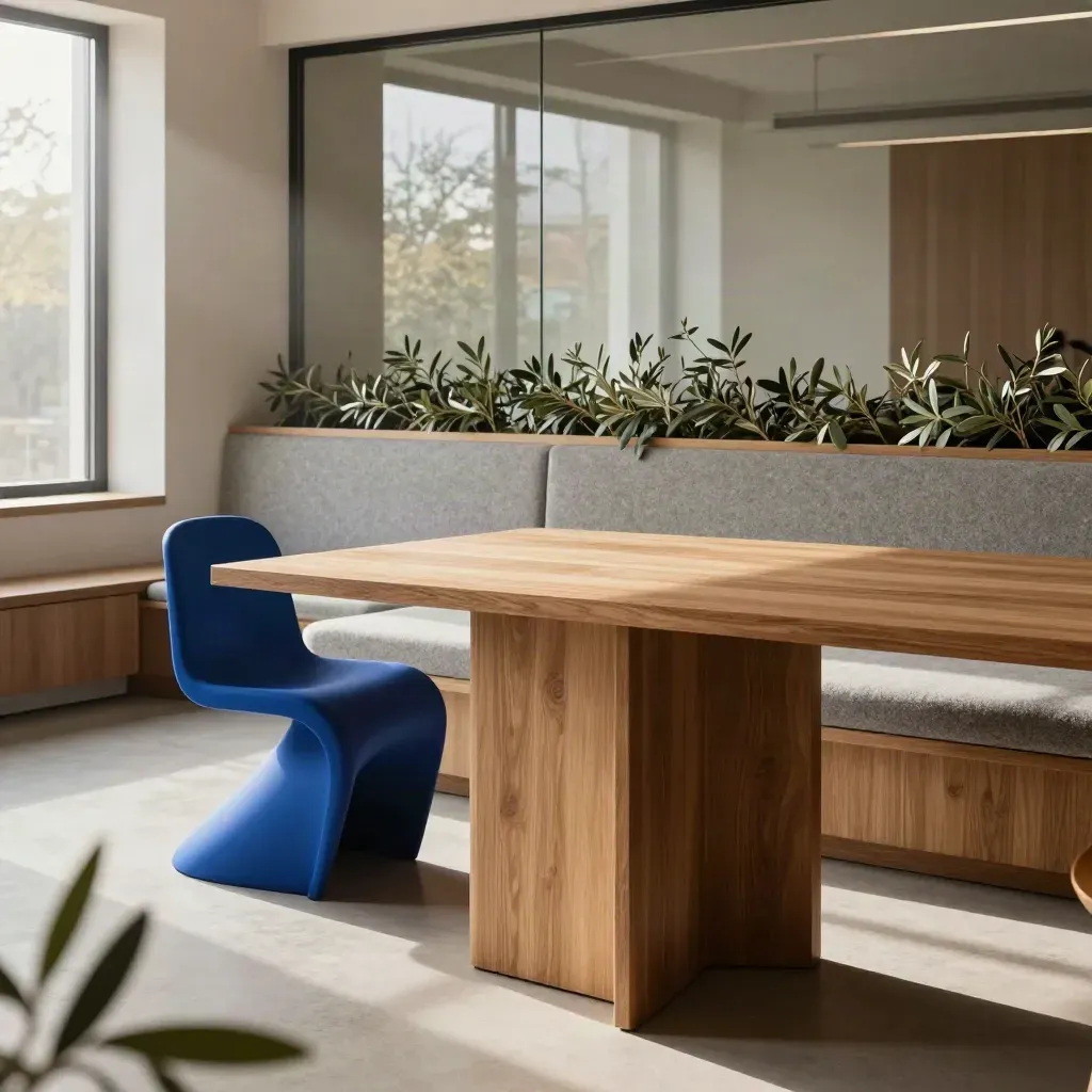 Helles Coworking-Interieur mit Eichenholz, Cobalt-Stuhl, Pflanzenregal und Glasfront.