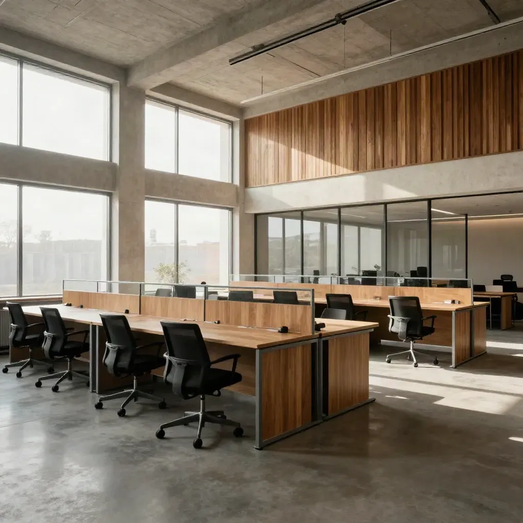 Weites Büro mit Holz, Beton, Glaswänden und leeren Schreibtischen im Tageslicht.