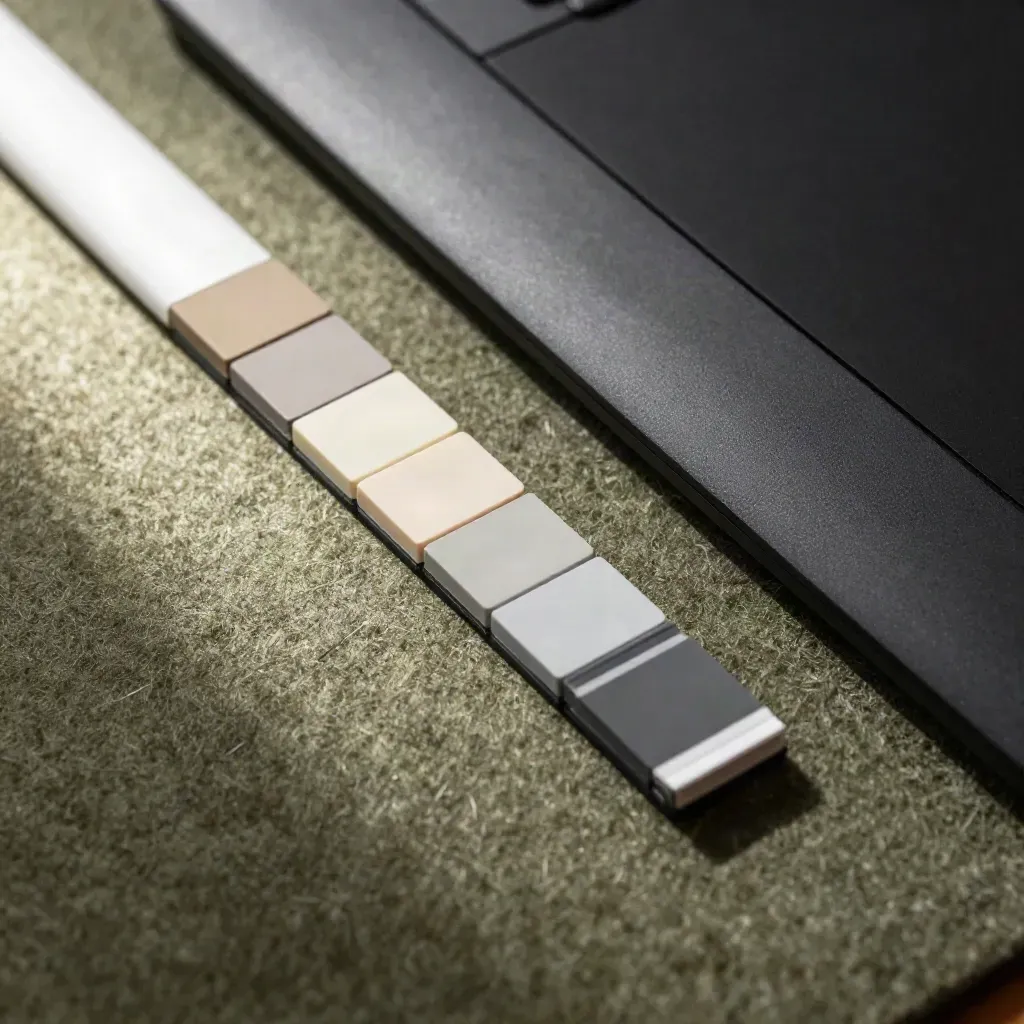 Tabletstift, Farbchips und Trackpad auf einer olivfarbenen Proofing-Matte im Streiflicht.