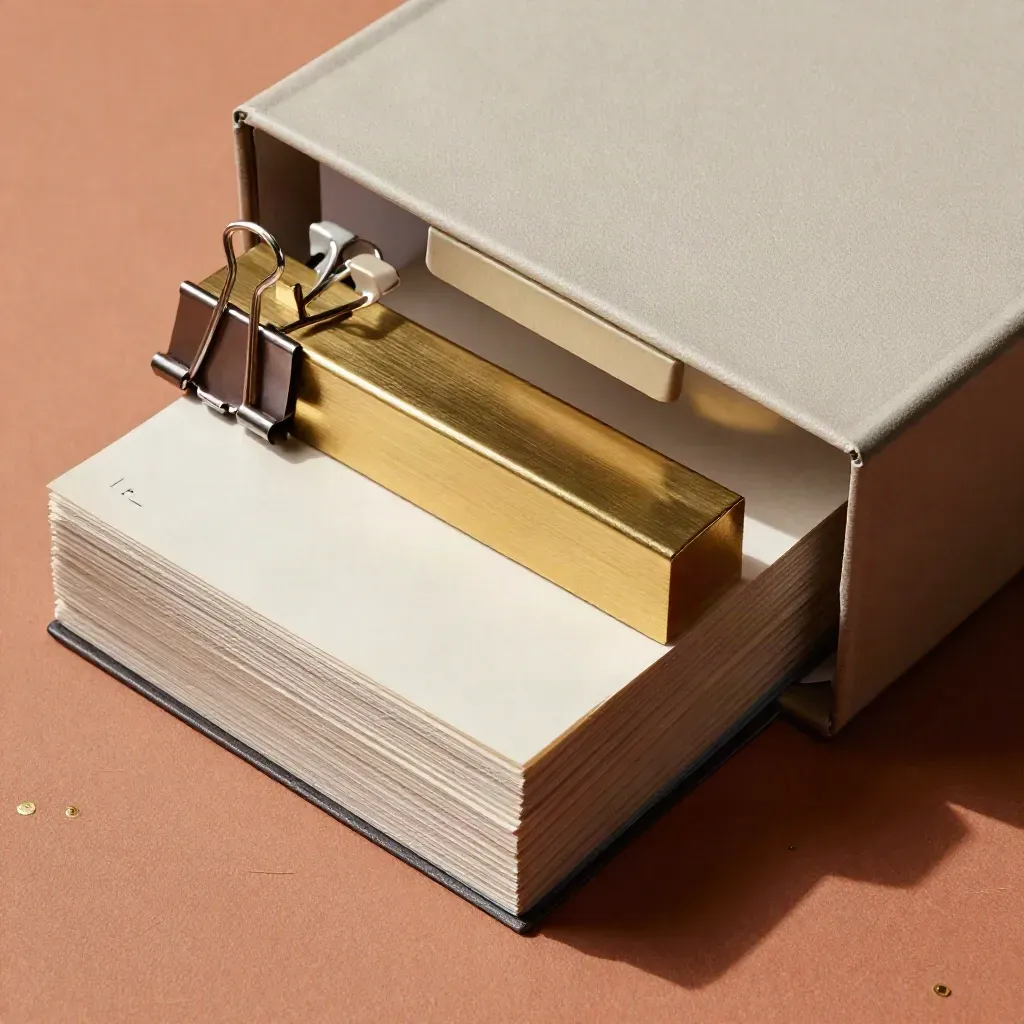 Ordentliches Projekt-Stillleben mit Binderclips, Messingblock und Archivbox auf Terrakotta.