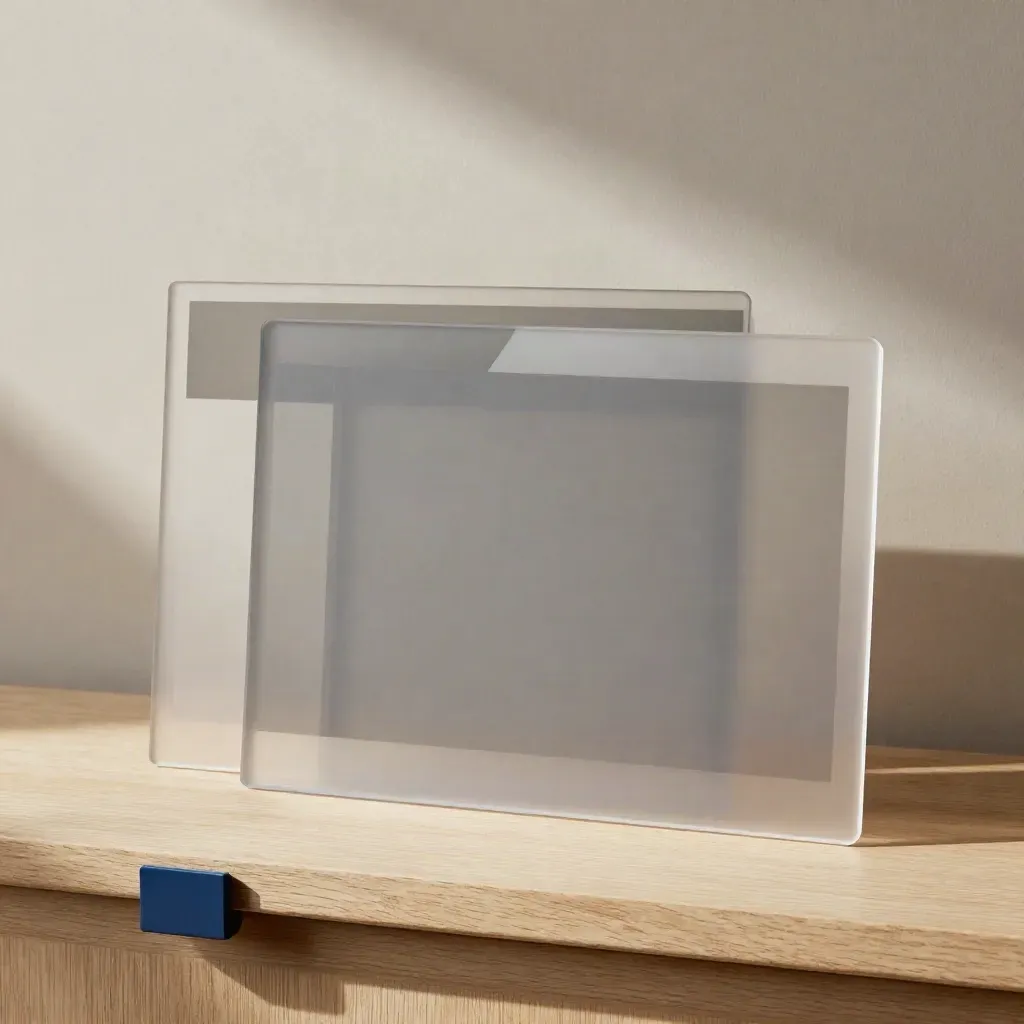 Transparente Folien, Layoutfenster und ein Board auf hellem Holz, schräg von oben gesehen