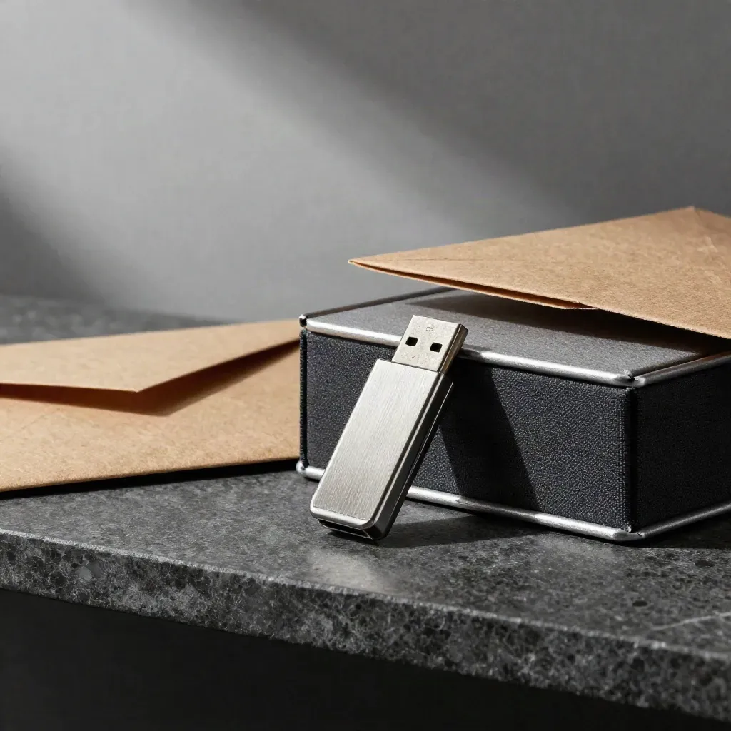 Metall-USB-Stick, Krafthülle und Archivboxen auf dunklem Steinshelf