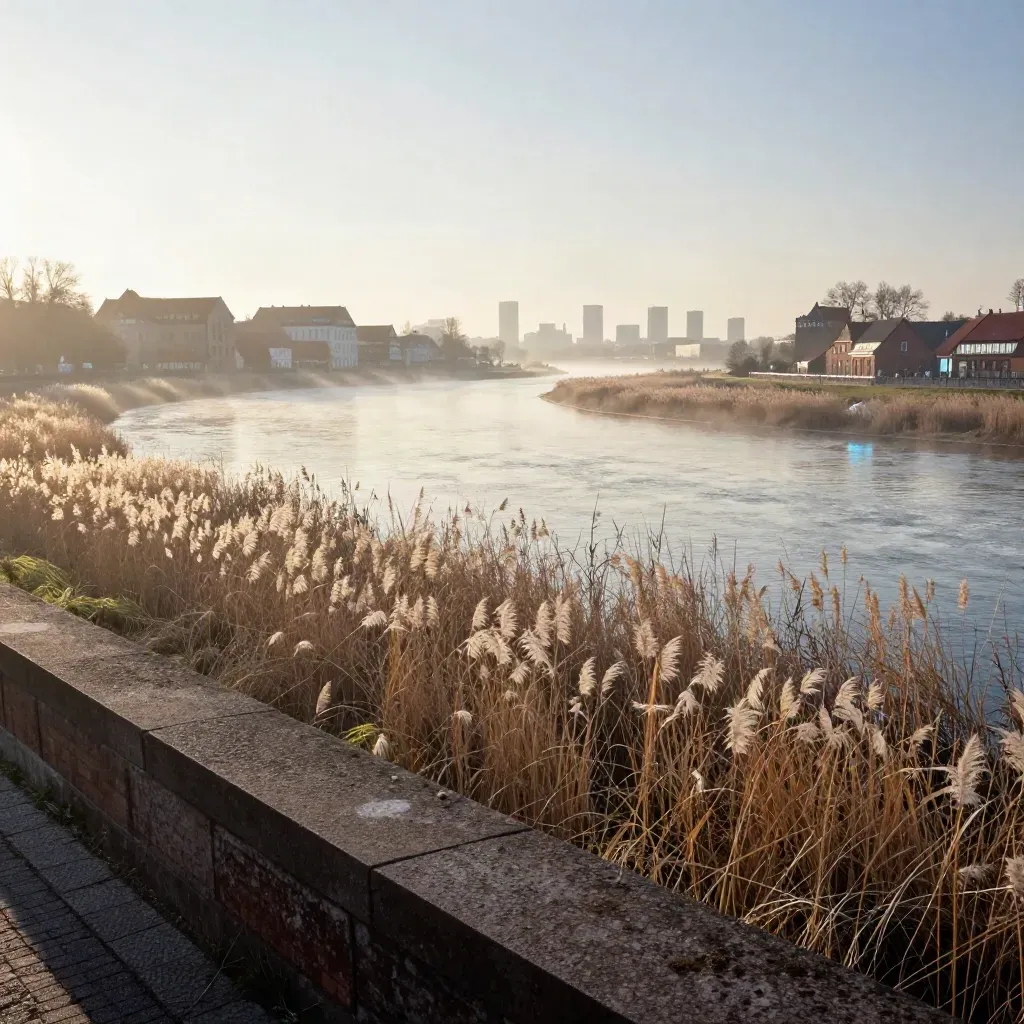 Nebliger Havel-Morgen mit Backdächern, Wasserwiesen und weiter Skyline.