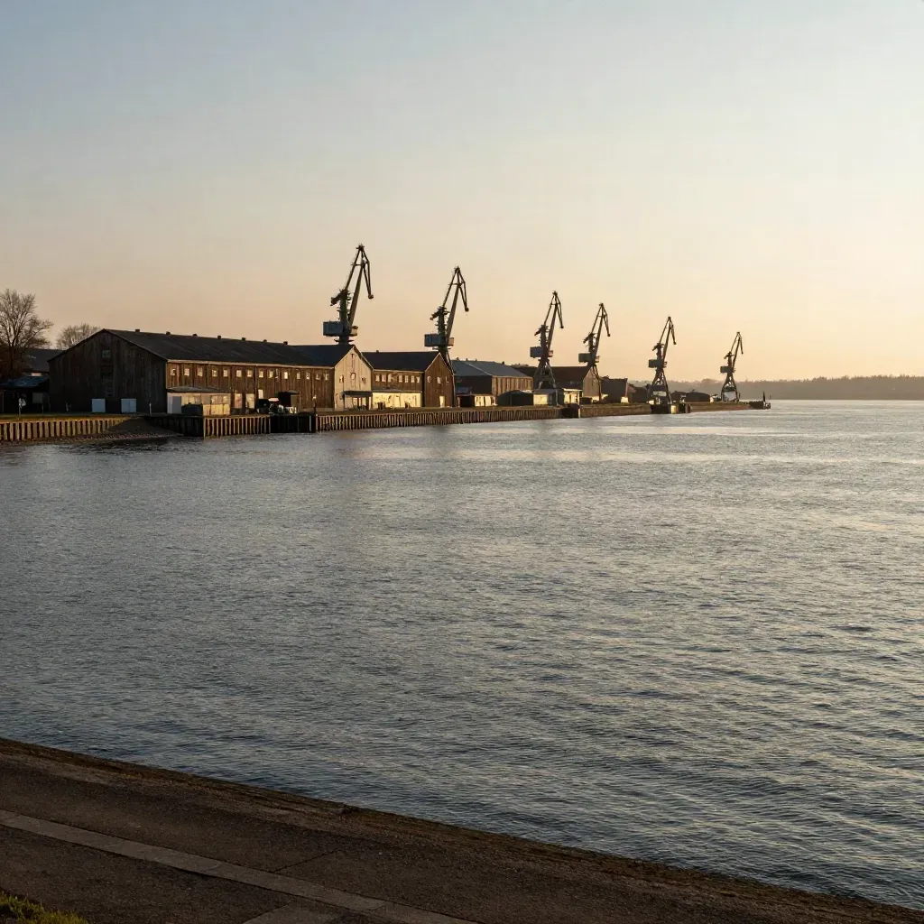 Goldene Hafenansicht über die Elbe mit Kränen, Lagerhäusern und ruhigem Wasser im Dunst.