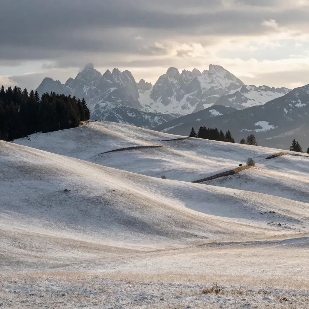 Schneebedeckte Alpenfoothills mit aufreißenden Wolken und ruhigem Tal bei warmem Licht.