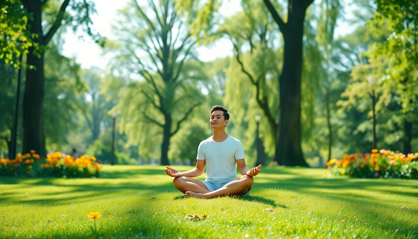 Meditating individual surrounded by nature signifies emotional wellbeing in a peaceful park setting.