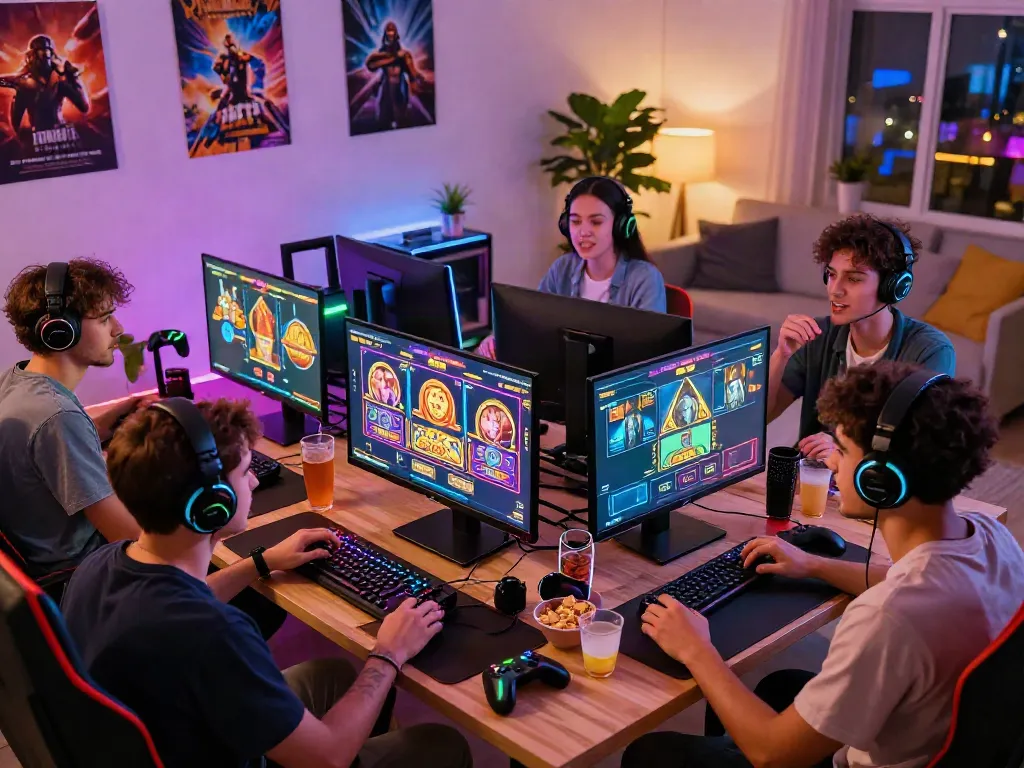 Engaging friends playing situs gacor slot games together in a vibrant room.